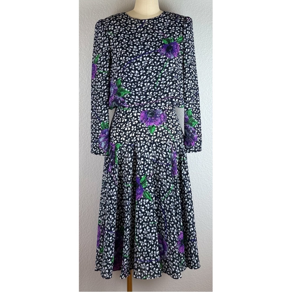 Kono New York Vintage 80s Floral Print Drop Waist Midi Long Sleeve Dress, Small